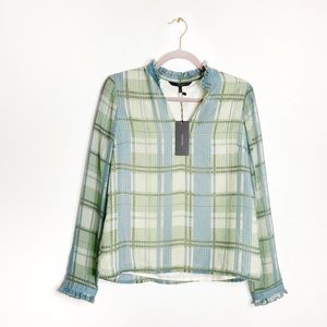 Vero Moda Light Blue and Sage Green Plaid Long-Sleeve Blouse